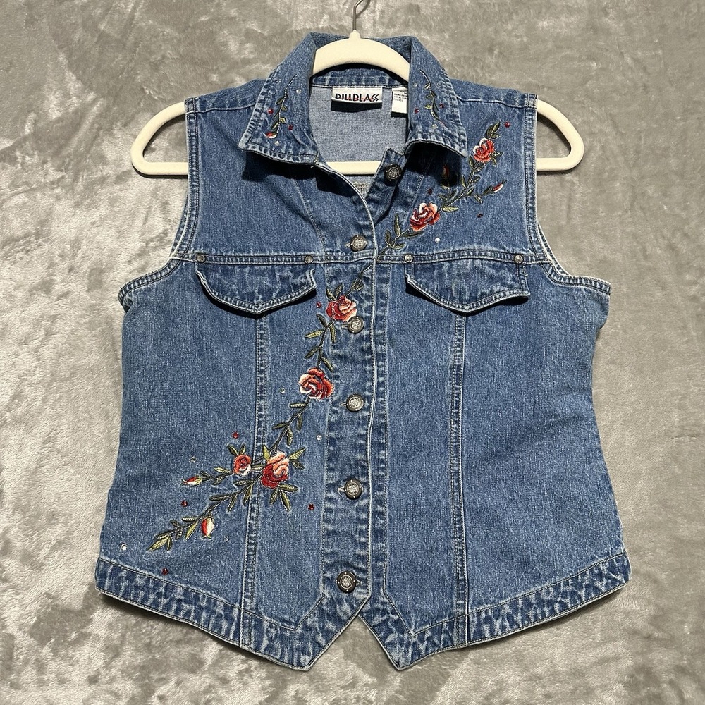 Vintage Womens Denim Vest Medium Western Artsy Indie Embroidered Floral Cowgirl